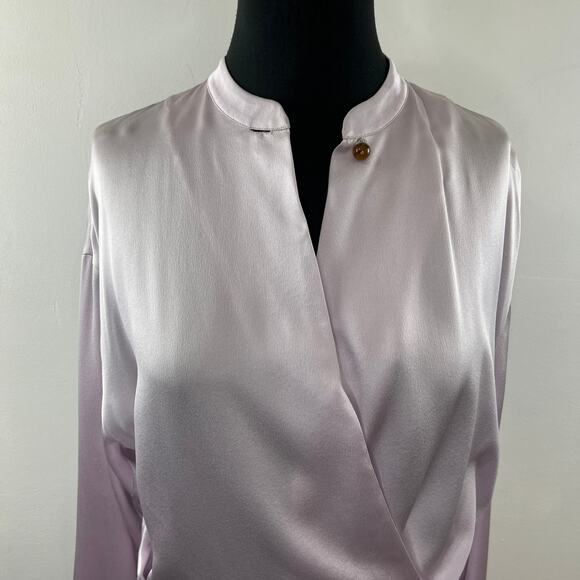 VINCE Satin Wrap Blouse Top Pink Mandarin Collar Long Sleeve Button Cuffs Size ? - Picture 3 of 9